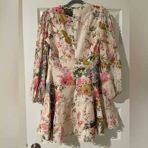 Zimmermann Floral Tiered Mini Dress in Cream with Pink, Yellow and Blue Accents